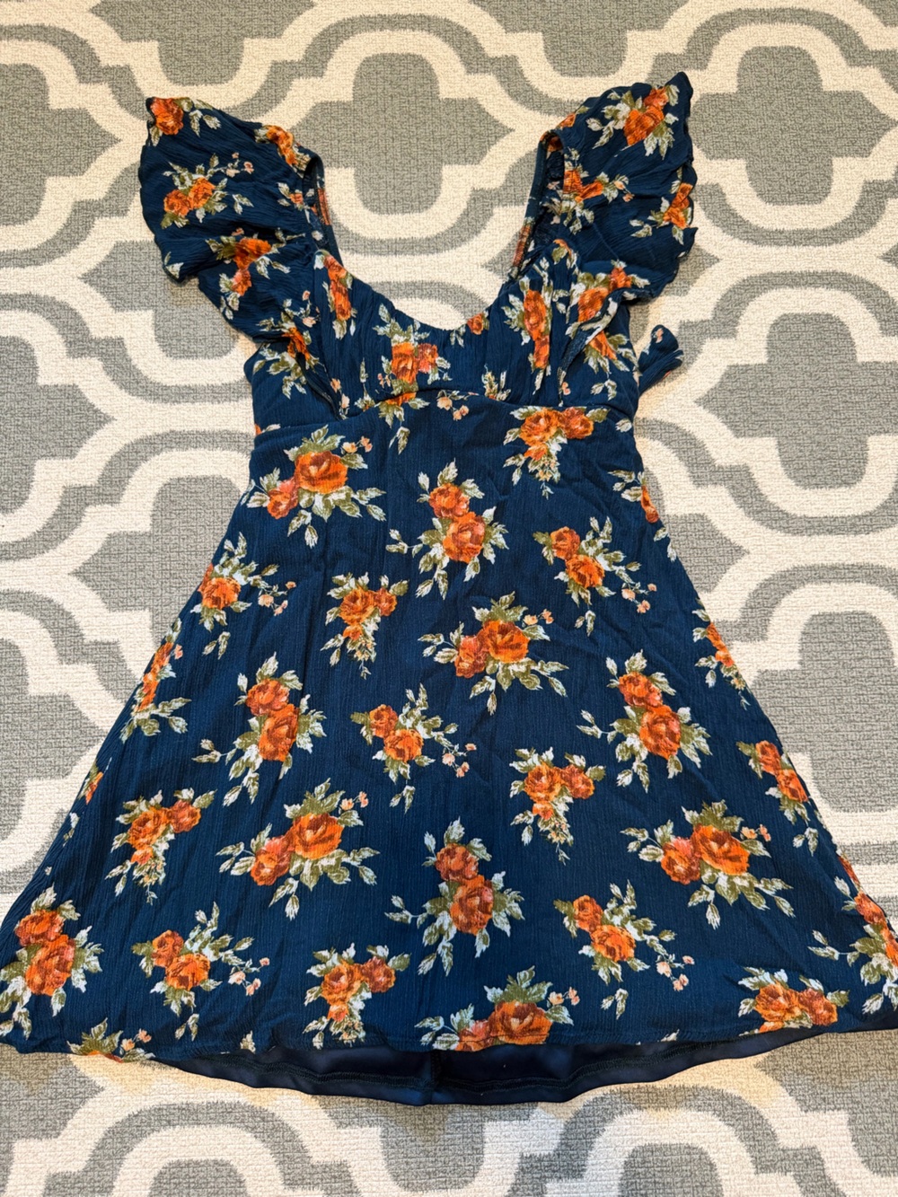 Altar’d State navy blue orange floral ruffle cap sleeve women’s small mini dress